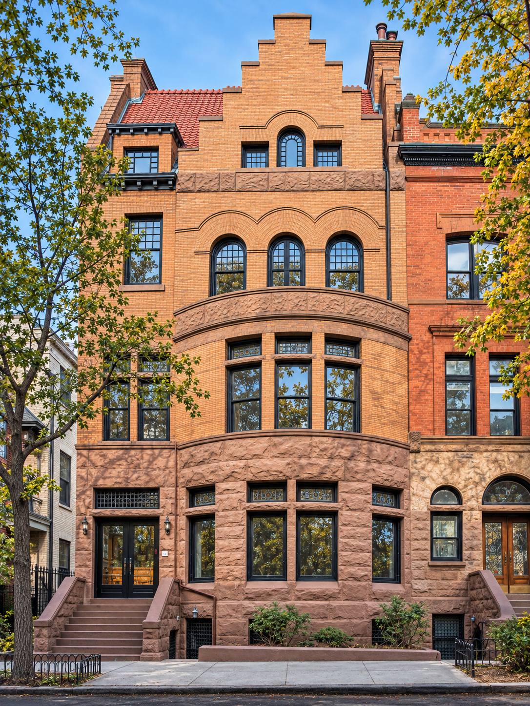 Front facade of 11 Montgomery Place in Park Slope, a brick and brownstone row house with a stepped gable, arched upper floor windows and black framed windows
