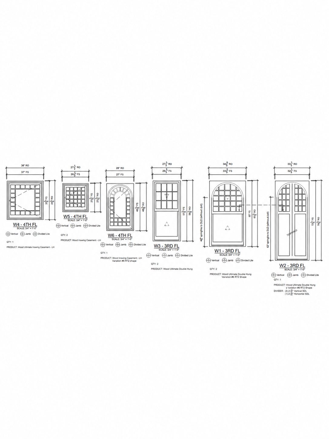 Shop drawing excerpt showing six window elevations, three for the fourth floor and three for the third floor, with three arched heads and divided lites