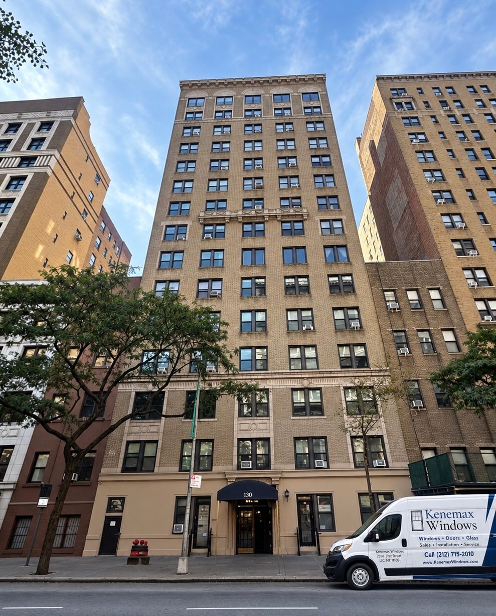 Front of 130 West 86th Street, a tall tan brick building seen from the sidewalk, with a Kenemax Windows van at the curb and the entrance awning at street level