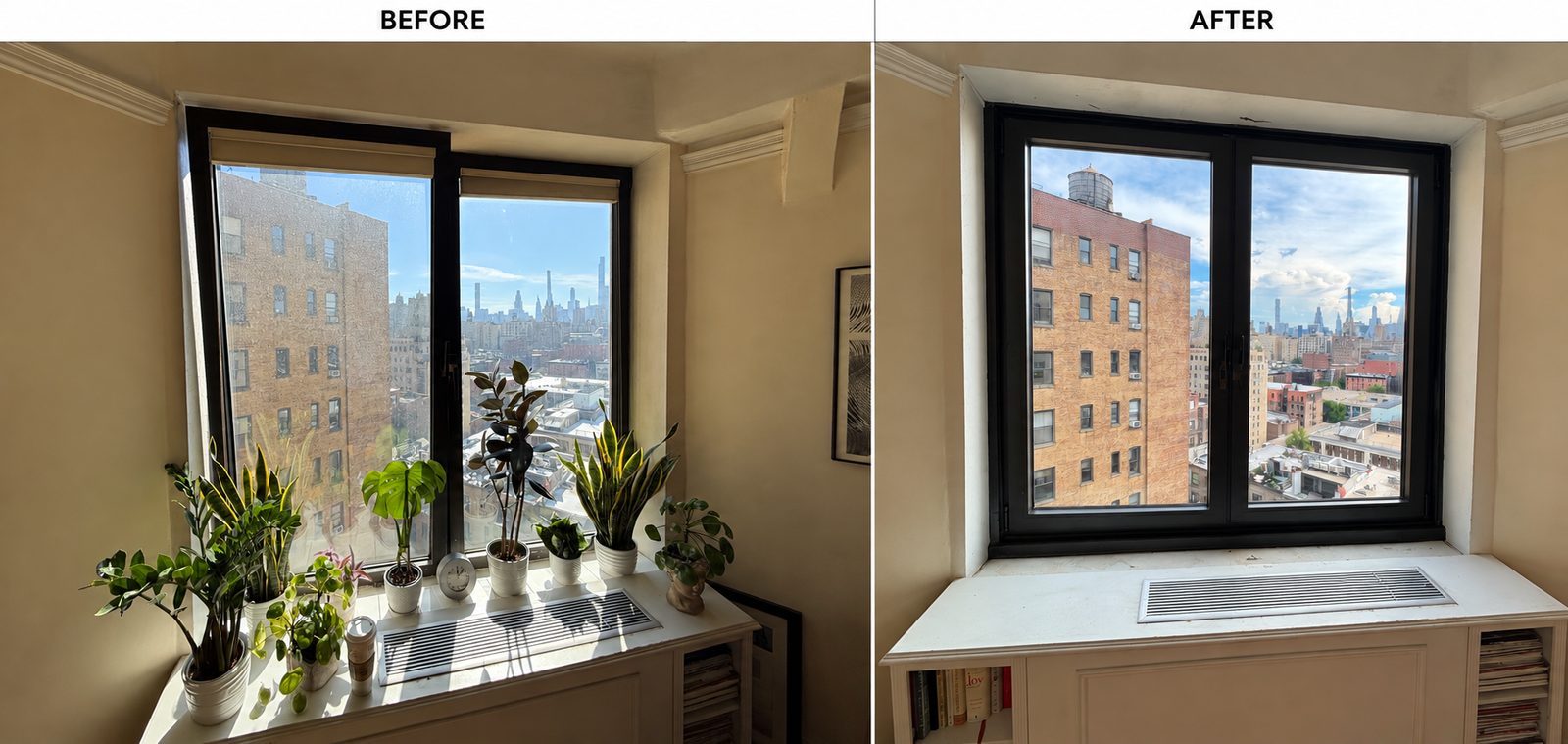 Before and after comparison of a window above a radiator cover: on the left the old window with plants on the sill, on the right the new black framed window with a view of the skyline