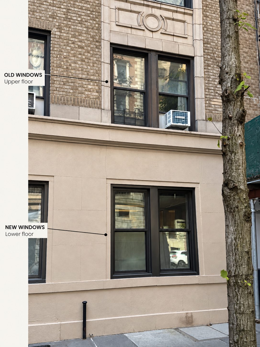Building front with labels marking the old windows on the upper floor and the new windows on the lower floor