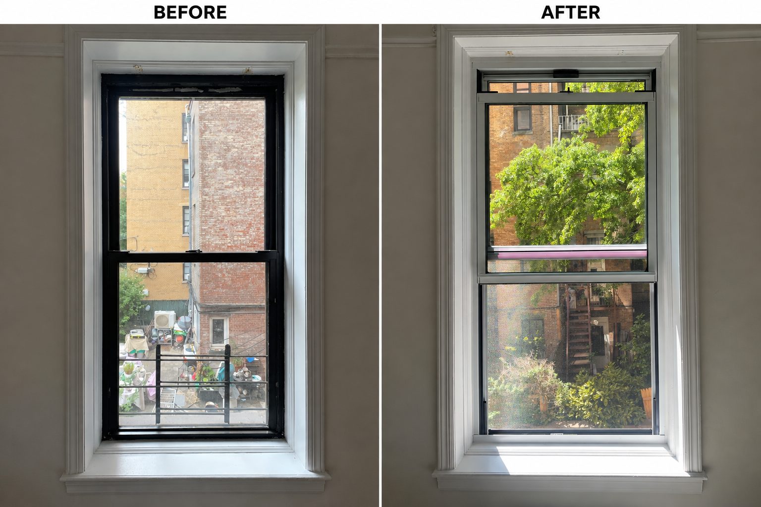 Before and after comparison of a double hung window overlooking a courtyard, the old black framed window on the left and the new window on the right
