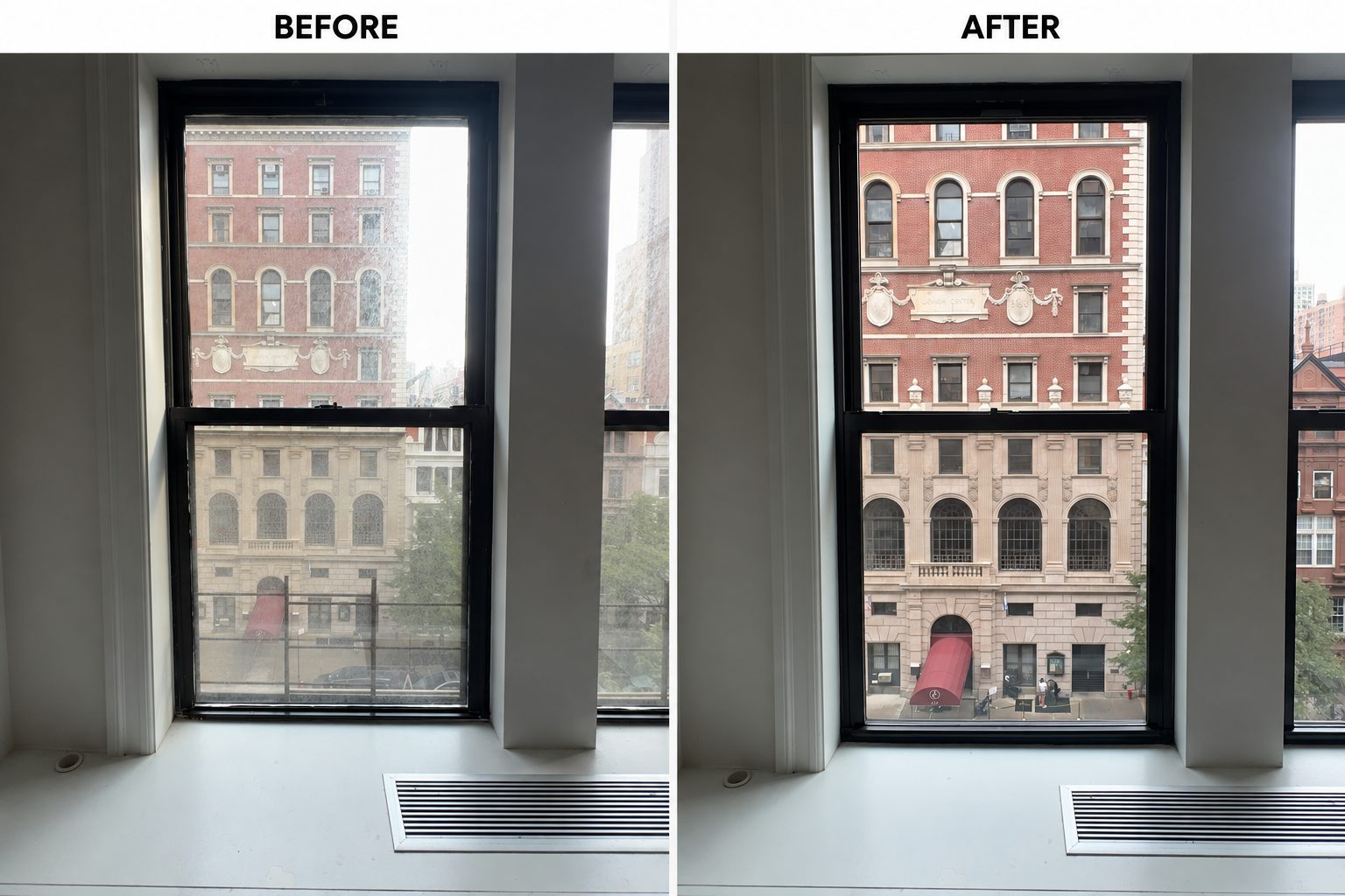 Before and after comparison of a black framed double hung window looking across the street, with a crisper view through the new window on the right