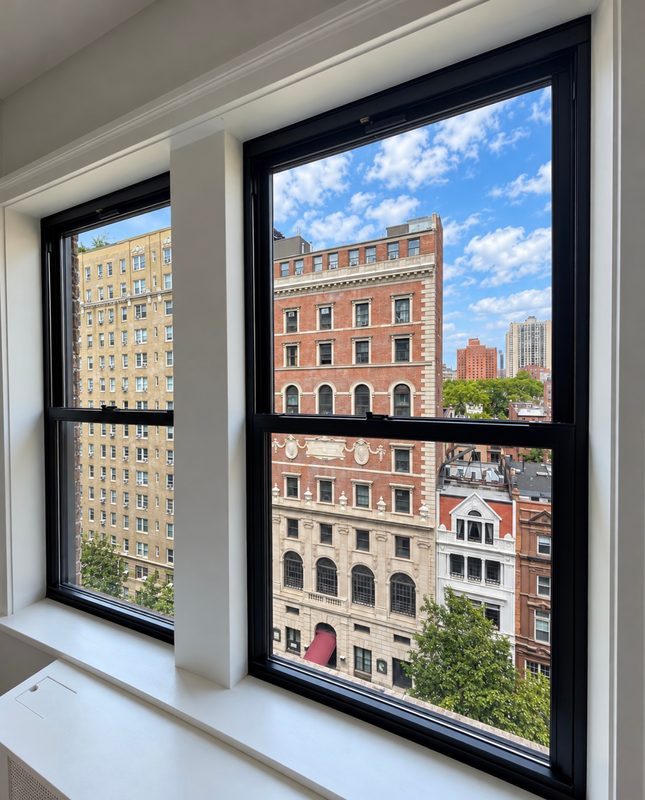 Close view of a large new black framed double hung window with white trim and a view of tall apartment buildings