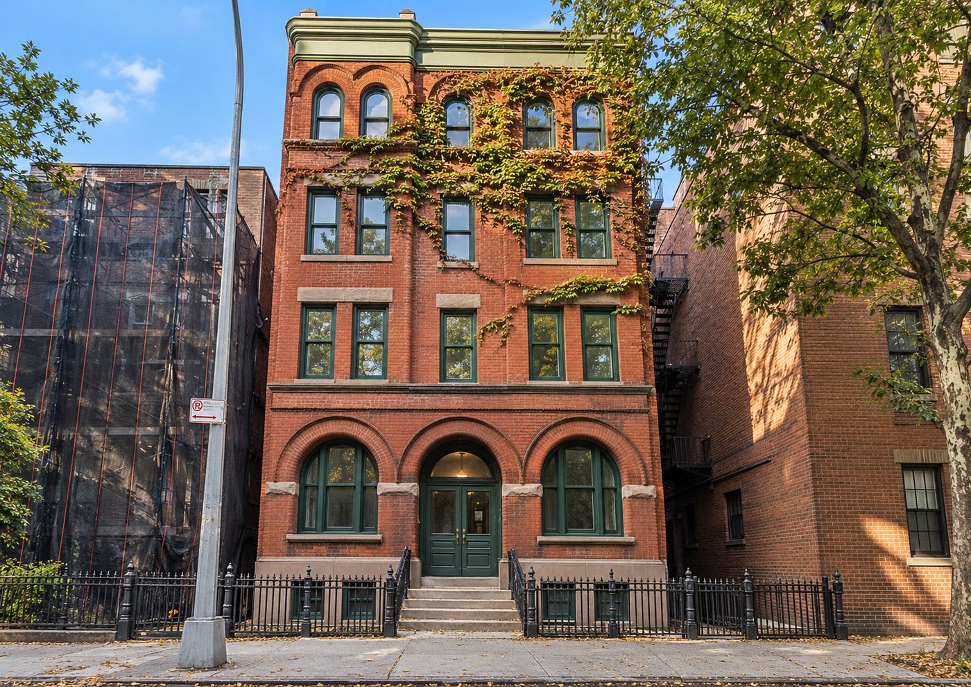 Front of 151 Baltic Street in Cobble Hill, a four story red brick building with arched windows, green window frames, a green double door and a black iron fence
