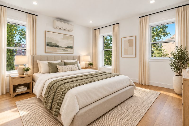 Bedroom with a large bed and white framed double hung windows with cream drapes, looking out to trees
