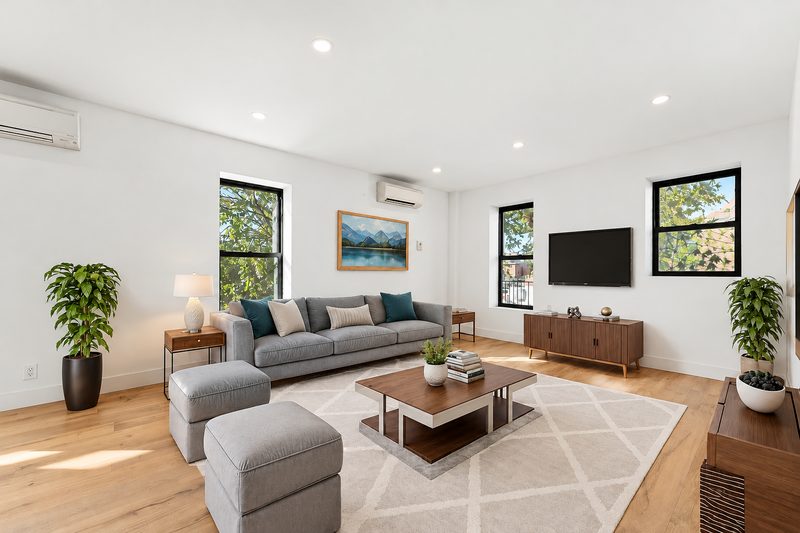 Living room with a gray sofa, a wall mounted television and three black framed windows with views of trees