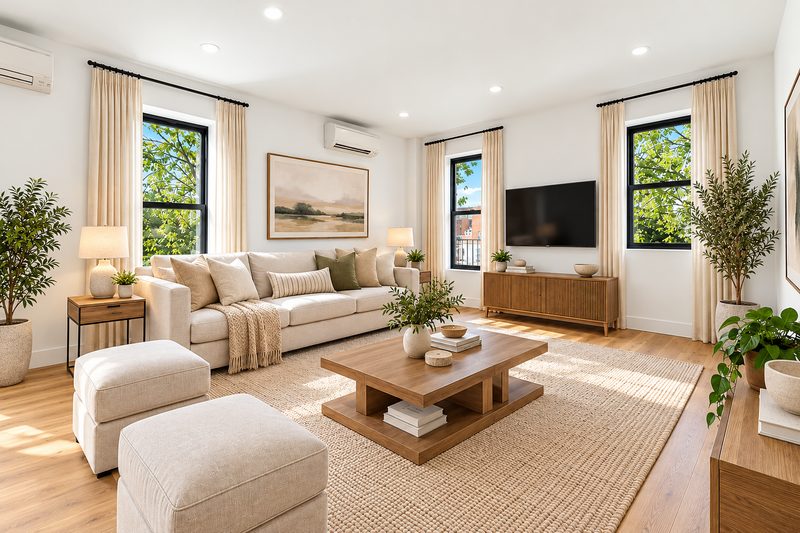 Living room with a cream sofa and black framed windows with drapes, looking out to trees