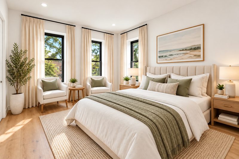 Bedroom with a large bed, two armchairs and three black framed windows with drapes
