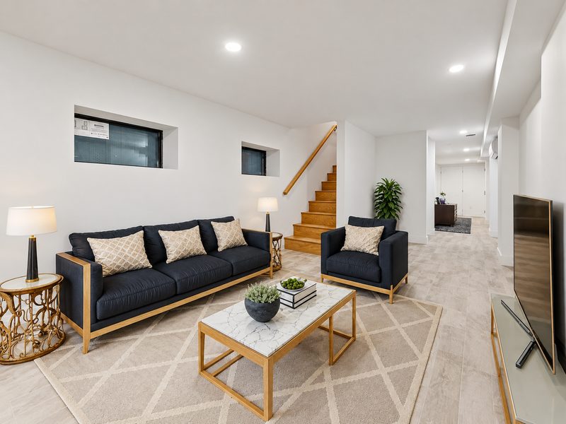 Living room with a navy sofa, a wooden staircase and two small black framed windows set high in the wall