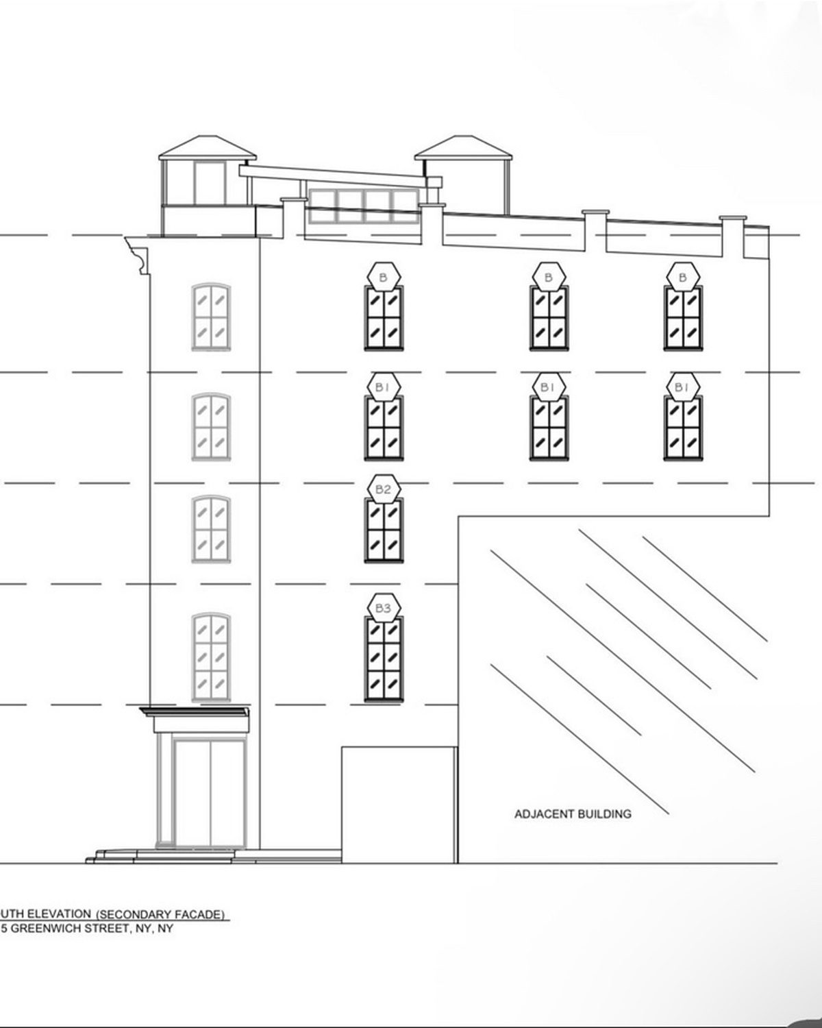 Architectural drawing of the south elevation, the secondary facade, with window types marked B, B1, B2 and B3 and the adjacent building outlined