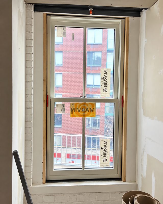 Inside view of a new double hung window with orange and white Marvin labels in a painted brick opening beside bare drywall, looking out at a red brick building across the street