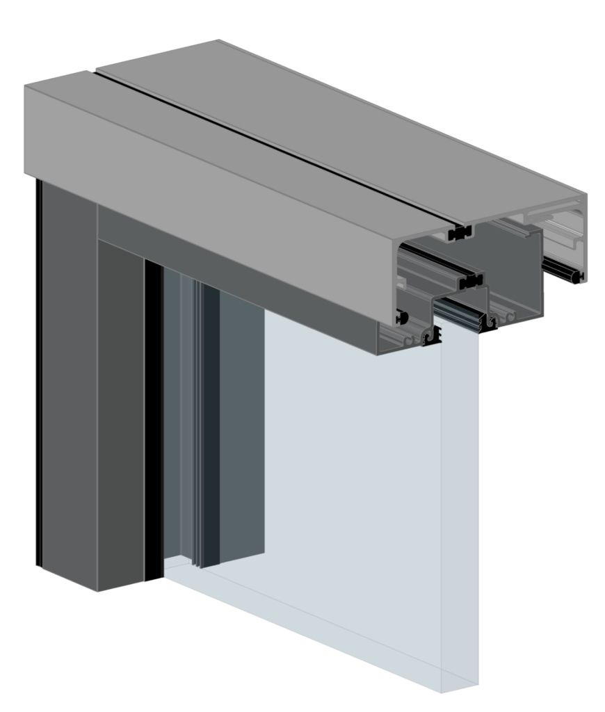 Aluminum head receptor cross-section render showing the window frame engaging the receptor at the head