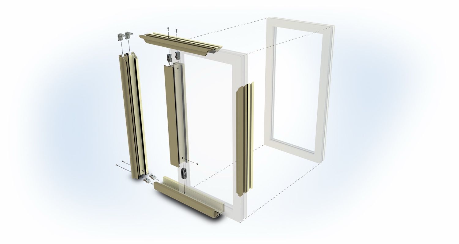 Exploded view of a window frame assembly showing the frame components