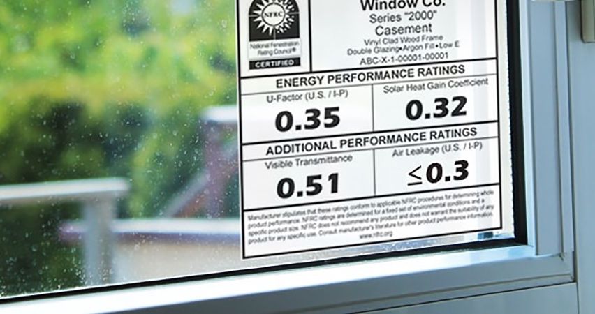 NFRC label on a window showing U-factor 0.35 and Solar Heat Gain Coefficient 0.32