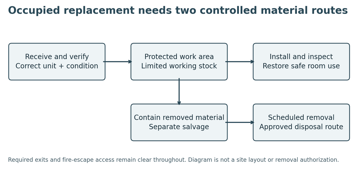 Diagram of two controlled material routes in an occupied apartment: receive and verify, protected work area, install and inspect, contain removed material, scheduled removal
